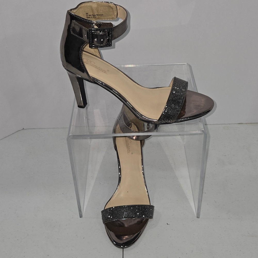 Dunion Womens 8M Gunmetal Metallic Rhinestone Ankle Strap Stiletto Heel Sandals